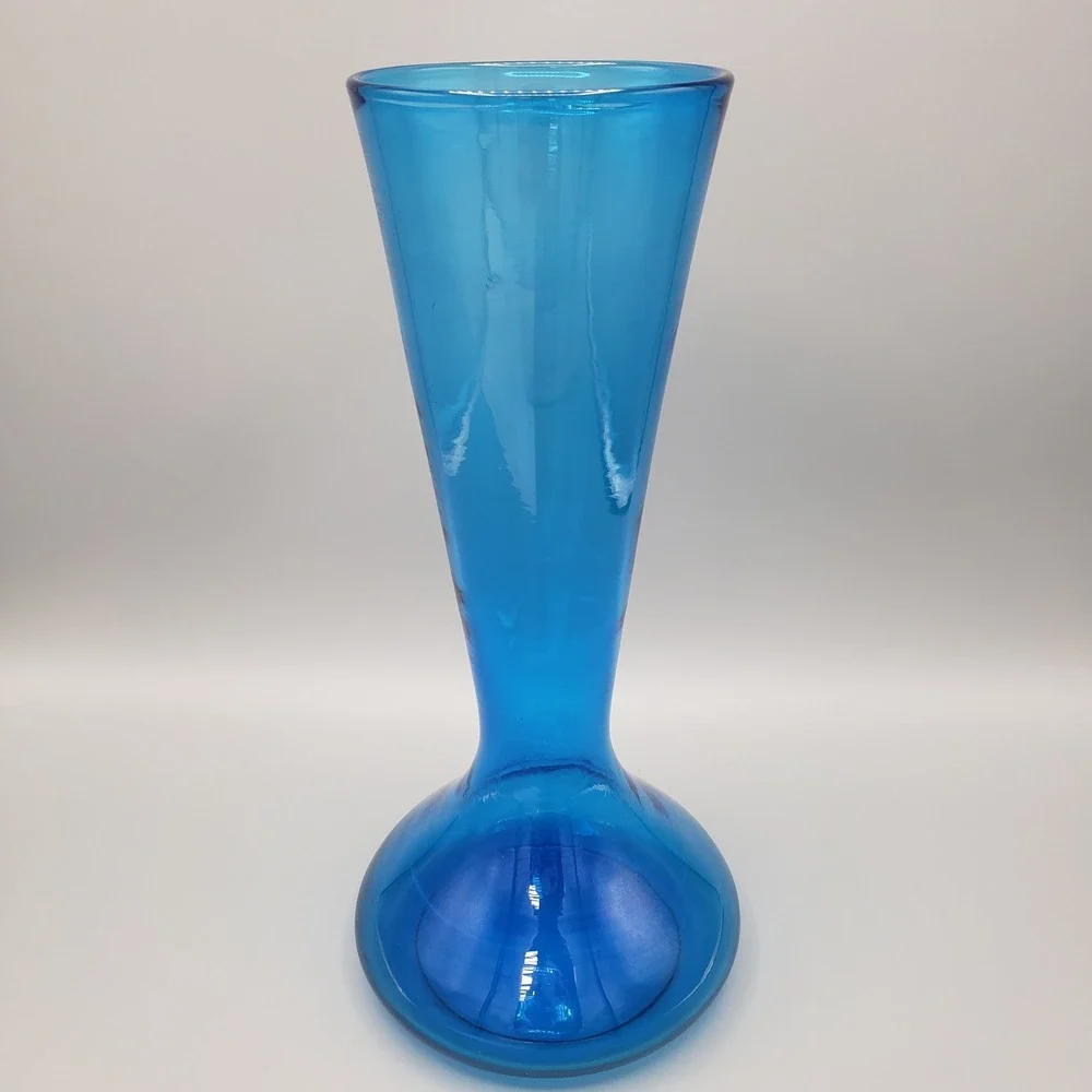 VTG Mid Century Modern Blue Glass Hourglass Vase 12
